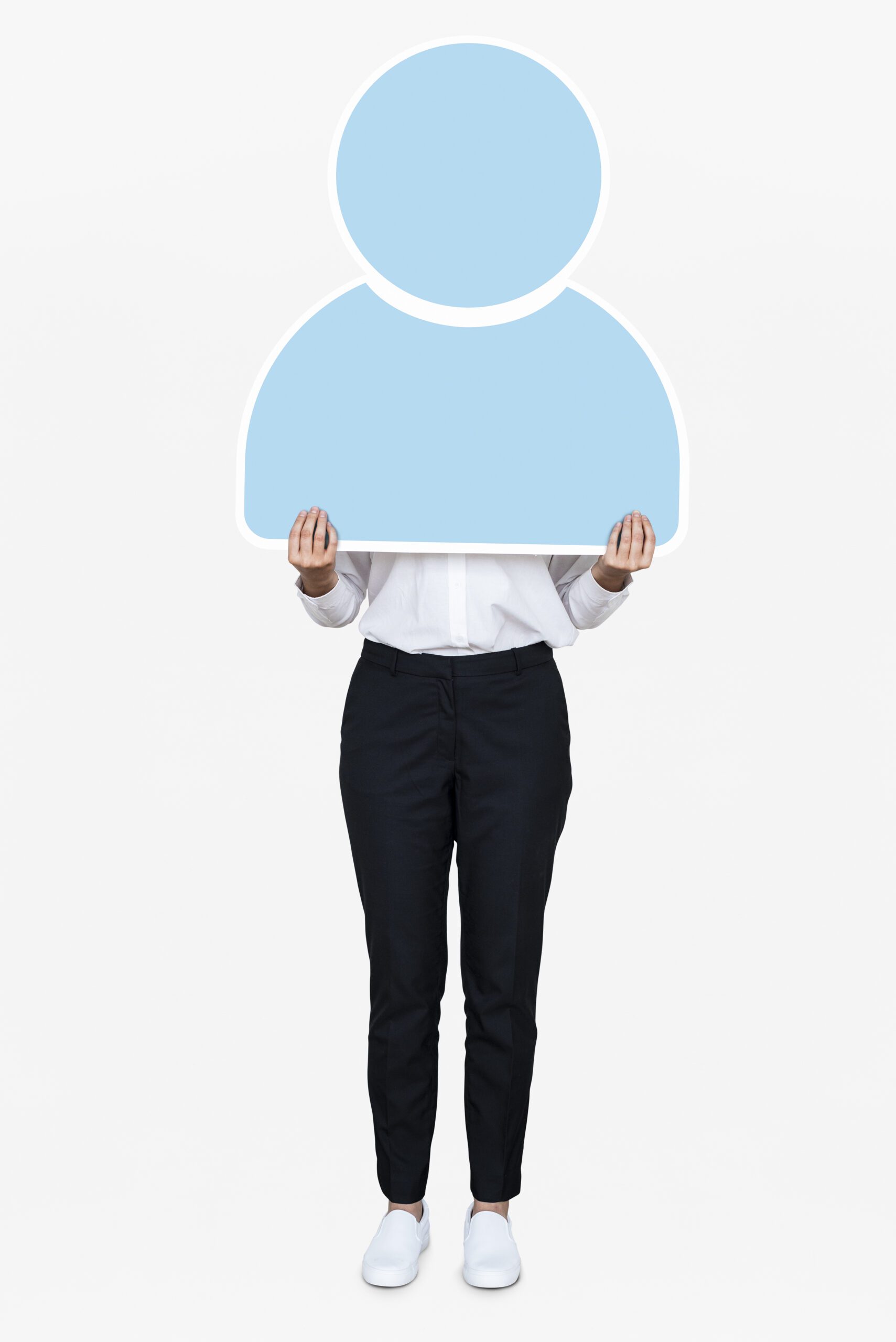 woman holding a blue user icon